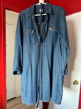 Denim Long Shirt Dress with Front Zipper Pockets